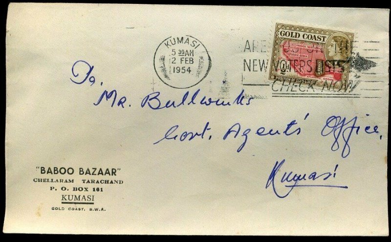 Gold Coast 1954 QEII ½d Baboo Bazaar Kumasi Envelope