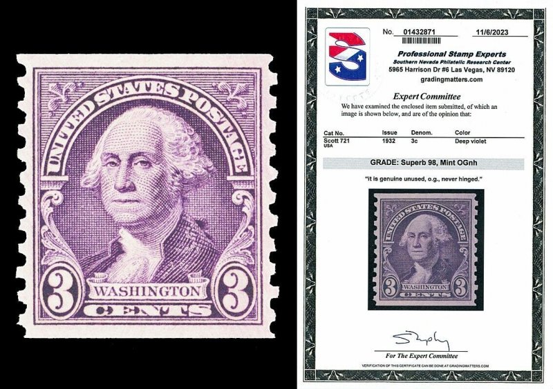 Scott 721 1932 3c Purple Washington Coil Mint Graded Superb 98 NH PSE CERT