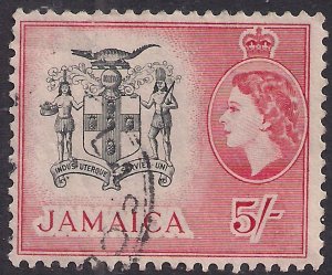 Jamaica 1956 - 58 QE2 5/-d Carmine Red & Black used SG 172 ( D1229 )