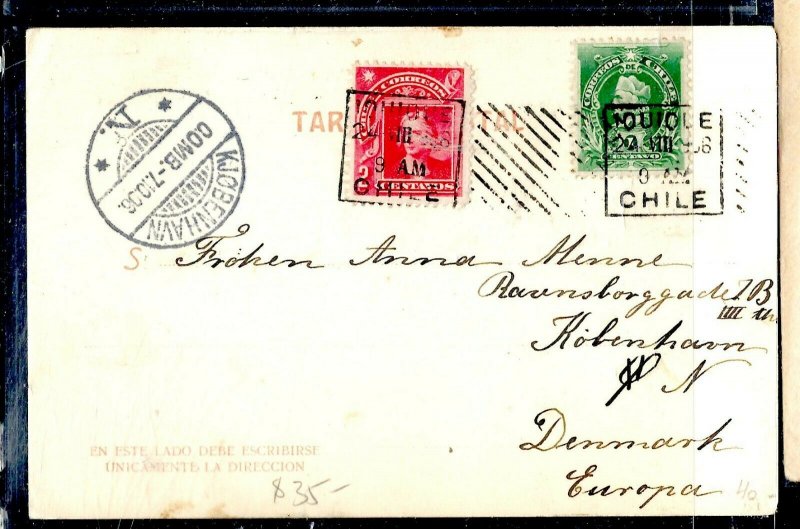 CHILE  (P3108B) 1906  2C COLUMBUS + 1C  ON PPC IOUIQUE TO DENMARK, WITH RECEIVAL