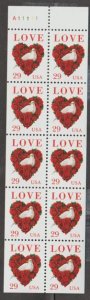 U.S. Scott #2814a Love - Heart Bird Stamp - Mint NH Booklet Pane