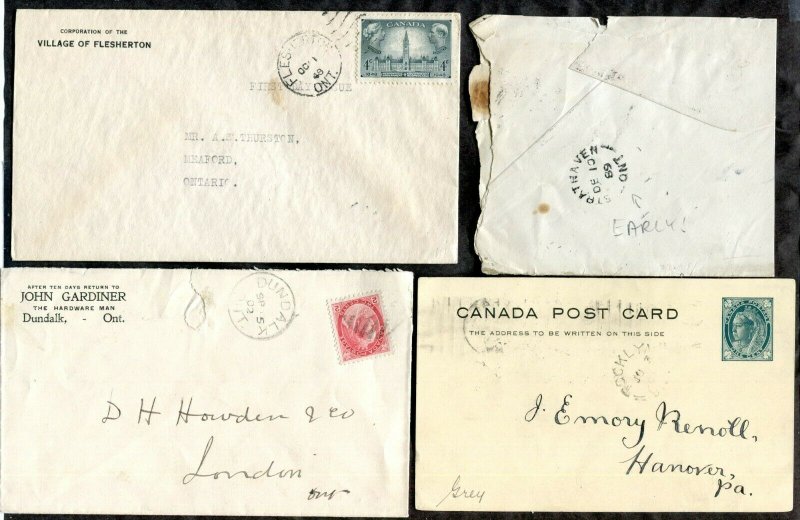 d224 - Canada Grey County Lot of (4) - Three Covers & Postcard. Postmarks