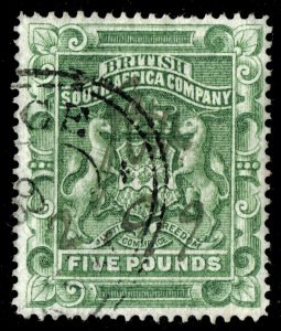 [sto527] Rhodesia 1892 £5 Green SG12 Fine Used Fiscal Cancel