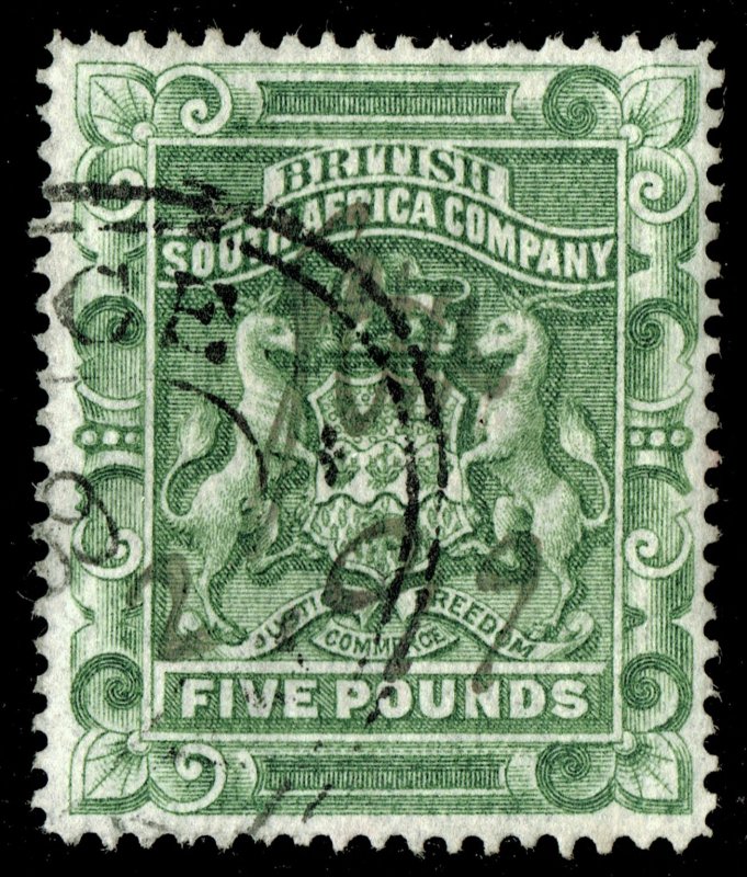 [sto527] Rhodesia 1892 £5 Green SG12 Fine Used Fiscal Cancel