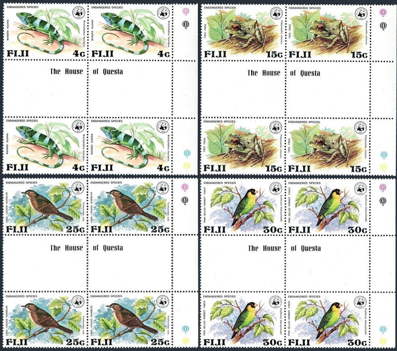 Fiji 397-400 gutter block, MNH. Mi 387-390. WWF 1979. Iguana, Frog,Warbler,Finch