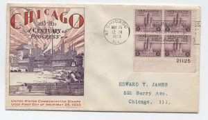 1933 Chicago century of progress 3ct plate block cacheted FDC [y8932]