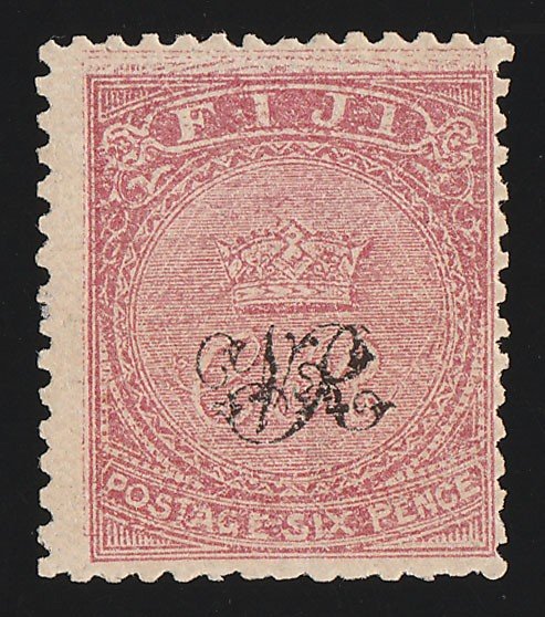 FIJI : 1876 'VR' opt 6d carmine-rose, wove paper, error design DOUBLE. RARE !