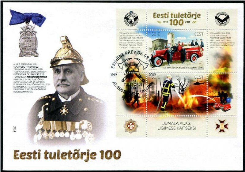 HERRICKSTAMP NEW ISSUES ESTONIA Sc.# 904 Fire Fighting Souvenir Sheet FDC