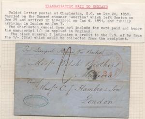 TRANS-ATLANTIC Ship Cover Charleston SC 1850 to London via Steamer 'America'