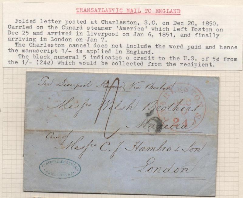 TRANS-ATLANTIC Ship Cover Charleston SC 1850 to London via Steamer 'America'