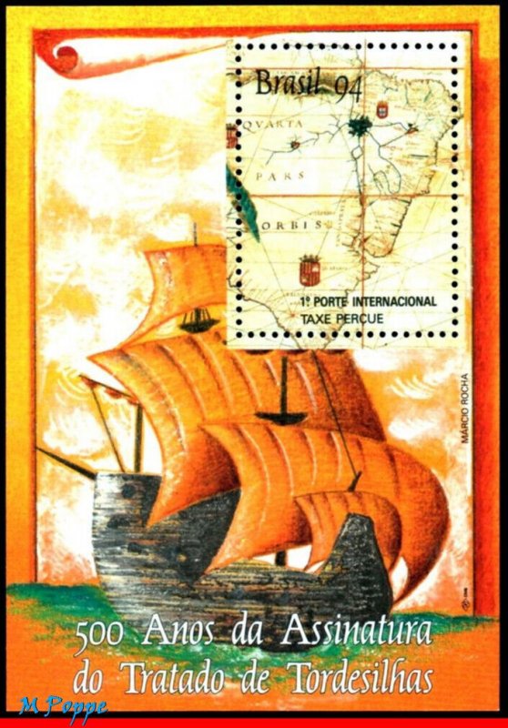 2483 BRAZIL 1994 TORDESILLAS TREATY, SHIPS, HISTORY, MAPS, MI# B95, S/S MNH