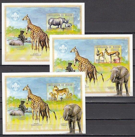 Guinea, 1999 issue. African Wild Animals, 3 IMPERF s/sheets. Scout logo. ^