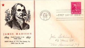 FDC 1938 SC #808 Linprint Cachet - Washington DC - Single - J5408