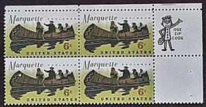 US Scott # 1356; 6c Marquette from 1968; MNH, og; zip block of 4; VF;