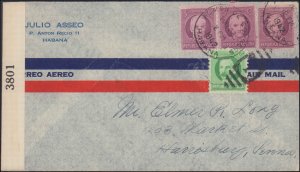 1942 CUBA MULTI STAMP TO UNITED STATES + CENSORED TAPE 3801 ( Postal History )