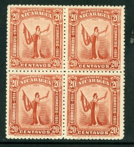 Nicaragua 1912 Liberty 20¢ Red Sc 303 Block of 4  Mint Q340