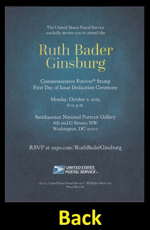 US 5821 Ruth Bader Ginsburg First Day of Issue Ceremony Invitation 2023