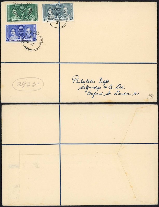 Turks and Caicos Is 1937 Coronation on First Day Cover