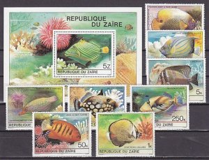 Zaire, Scott cat. 974-981, 981a. Various Tropical Fish set & s/sheet. ^