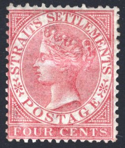 Malaya Straits Settlemts 1867 4c Rose WmkCrn CC SG 12 Sc 11 LMM/MLH Cat£75($94)