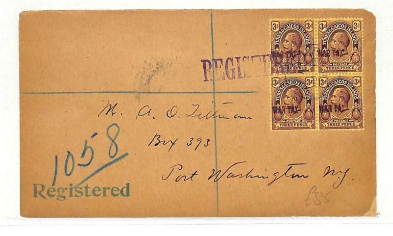 AB346 British 1919 Turks & Caicos WAR TAX Block{4} Cover {samwells-covers}PTS