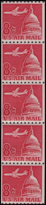 US C65a Airmail Jetliner over Capitol 8c coil strip (5 stamps tagged) MNH 1964