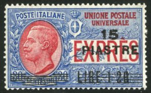 Italy, Italian Levant #E3a Cat$175, 1922 15pi on 1.20L Special Delivery, miss...