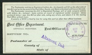 1884 Dakota Territory Registry Bill Altamont to Minneapolis MN Shattuck Mail