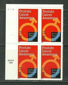 Scott # 3315 ~ 33¢ Prostate Cancer Awareness, Plate # Block