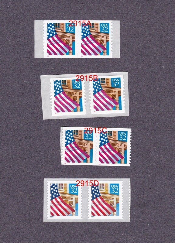 Pair 32c Flag US #2915A, US 2915B, US 2915C , US 2915D Lot (4) MNH