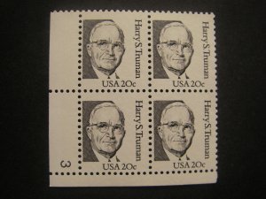 Scott 1862b, 20c Harry S. Truman, PB4 #3 LL, MNH Great Americans Beauty