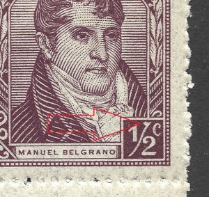 Argentina 1945-47 Belgrano 1/2c Brown Vio #523 Variety Error in BLOCK of 4 VF-NH-