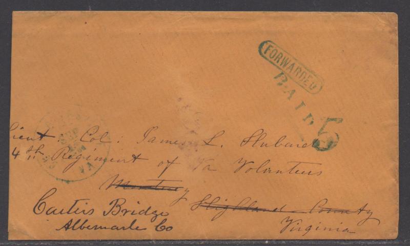 **CSA Cover, Charlottesville, VA, Handstamped, Paid 5, Forwarded 9/15/1861 