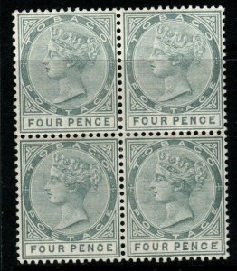 TOBAGO SG22/b 1885 4d GREY ONE SHOWING MALFORMED CE IN BLOCK OF 4 MTD MINT