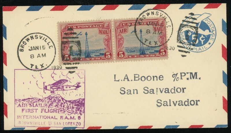 Brownswille to San Lorenzo FAM8 First Airmail Flight 1930 El Salvador #C11 USA