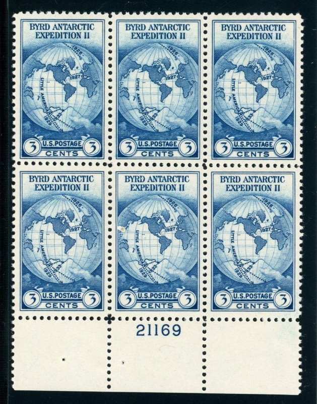 US Stamp #733 Byrd Antarctic 3c - Plate Block of 6 - MNH - CV 15.00 