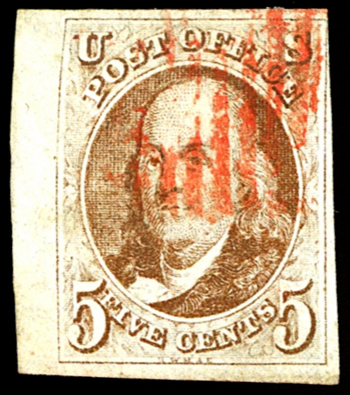 U.S. #1 USED WITH PF CERT RED SQUARE GRID CANCEL