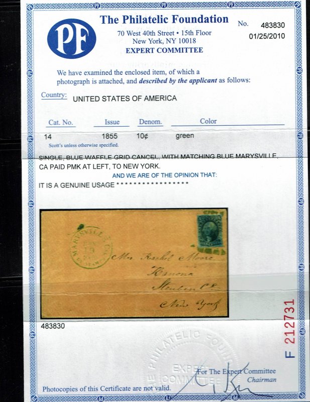 Scott #14 VF on cover. With 2010 PF certificate.