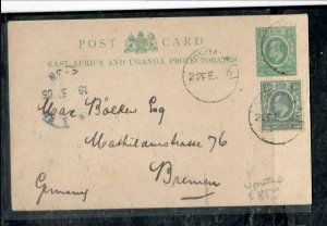 EAST AFRICA & UGANDA COVER (PP0806B) 1905  KE 1/2A PSC+1/2A MOMBASA TO GERMANY N 