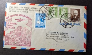 1947 Turkey Airmail First Flight Cover FFC Ankara to Karachi India via Pan Am