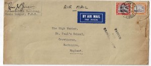 Selangor 1940 Kuala Lumpur cancel on airmail cover to England, censored