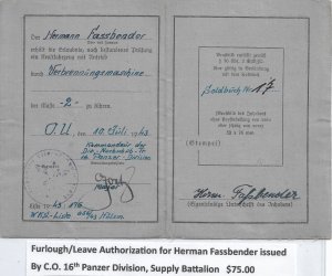 WW2: Germany: C.D.L. for Herman Fassbender by 16th Panzer Div., 1943 (M6542)