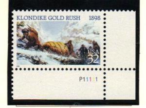 #3235 MNH plate # single 32c Klondike Gold Rush 1998 Issue