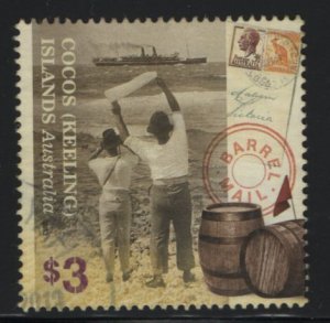 Cocos Islands 2013 used Sc 373 $3 People waving to ship, Barrel mail