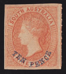 SOUTH AUSTRALIA : 1860 'TEN PENCE' on QV 9d orange-red, rouletted. RARE!