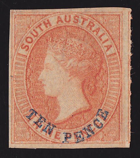 SOUTH AUSTRALIA : 1860 'TEN PENCE' on QV 9d orange-red, rouletted. RARE!