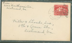 US U525a 1937 2c Mount Vernon stamped envelope (die 2) used Washington Bicentennial for Local Delivery within Richmond, VA