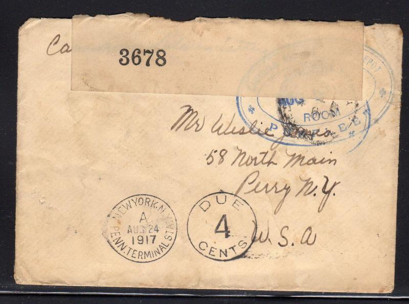 Great Britain Purfleet Canada Ship Depot Postage Due to US Censor 1917 a995