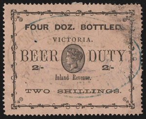 VICTORIA Beer Duty 1895 QV 2/- black on buff, 4 Doz Bottled wmk V crown sideways