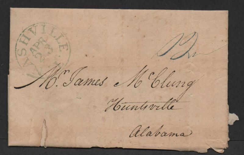 $Nashville Tenn Stampless cover Apr. 23, 1834 contents about diamond ring